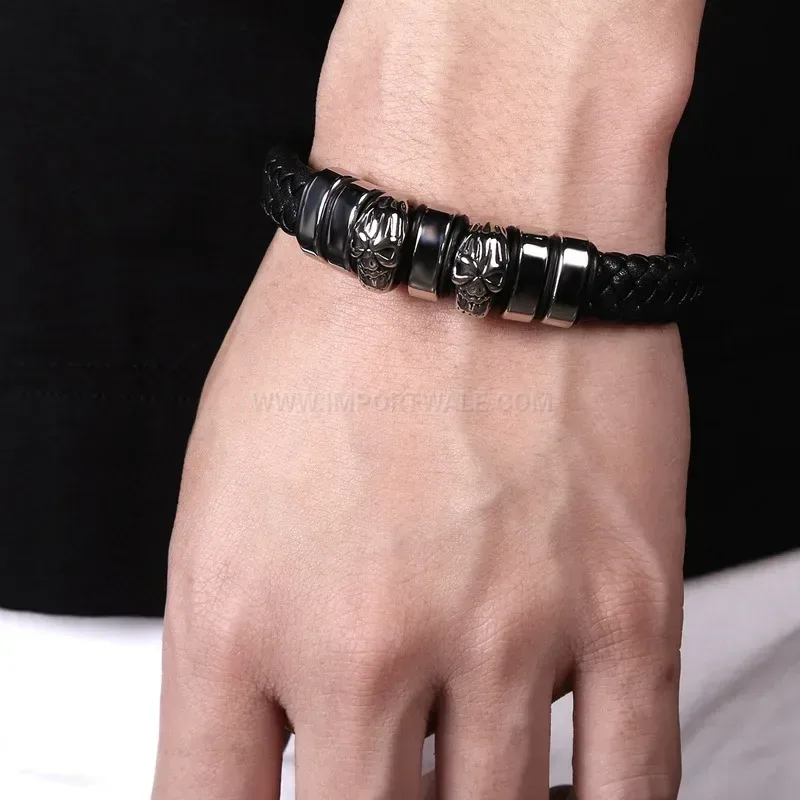 Stylish Braided Leather Skull Accent Bracelet with Stainless Steel Hardware