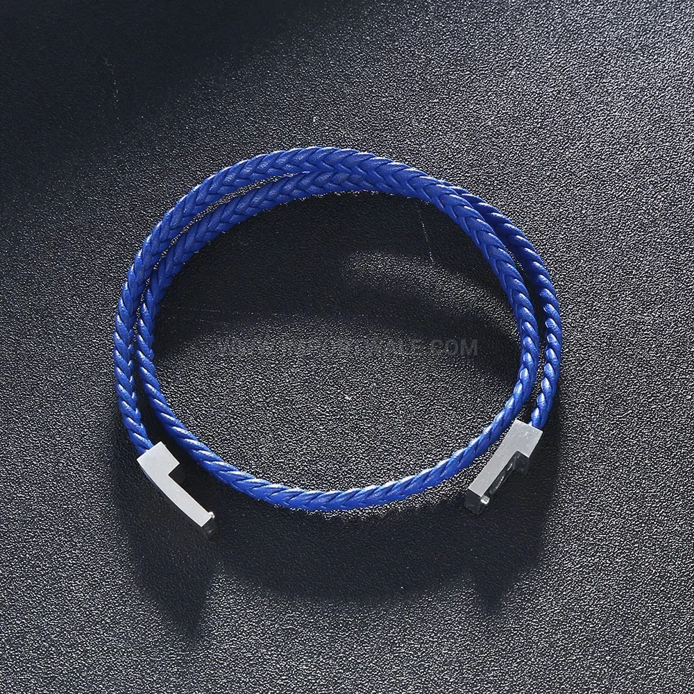 Double-Wrap Braided Leather Bracelet with Magnetic Stainless Steel Clasp