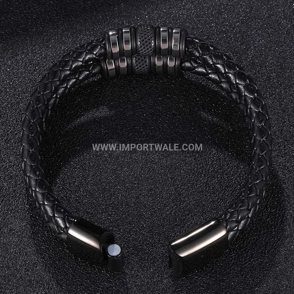 Retro Braided Leather Wristband with Stainless Steel Accent Beads