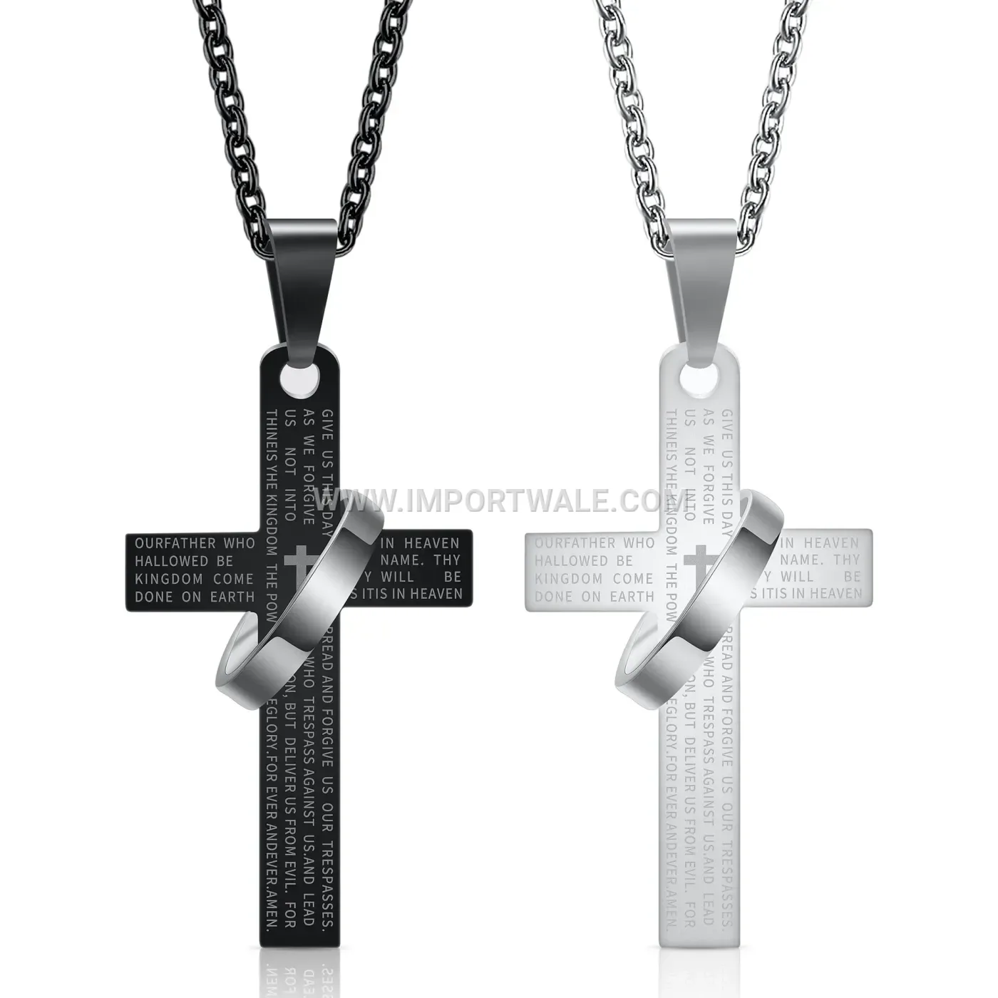 Engraved Cross Circular Stainless Steel Pendant Chain Necklace