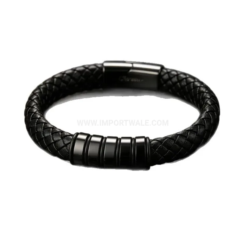 Elegant Custom Stainless Steel and Leather Beaded Magnetic Bracelet