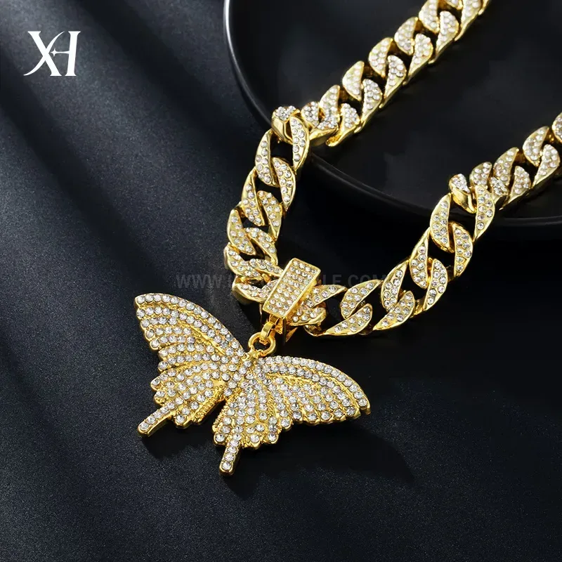 Iced Out Butterfly Alloy Hip Hop Pendant Necklace