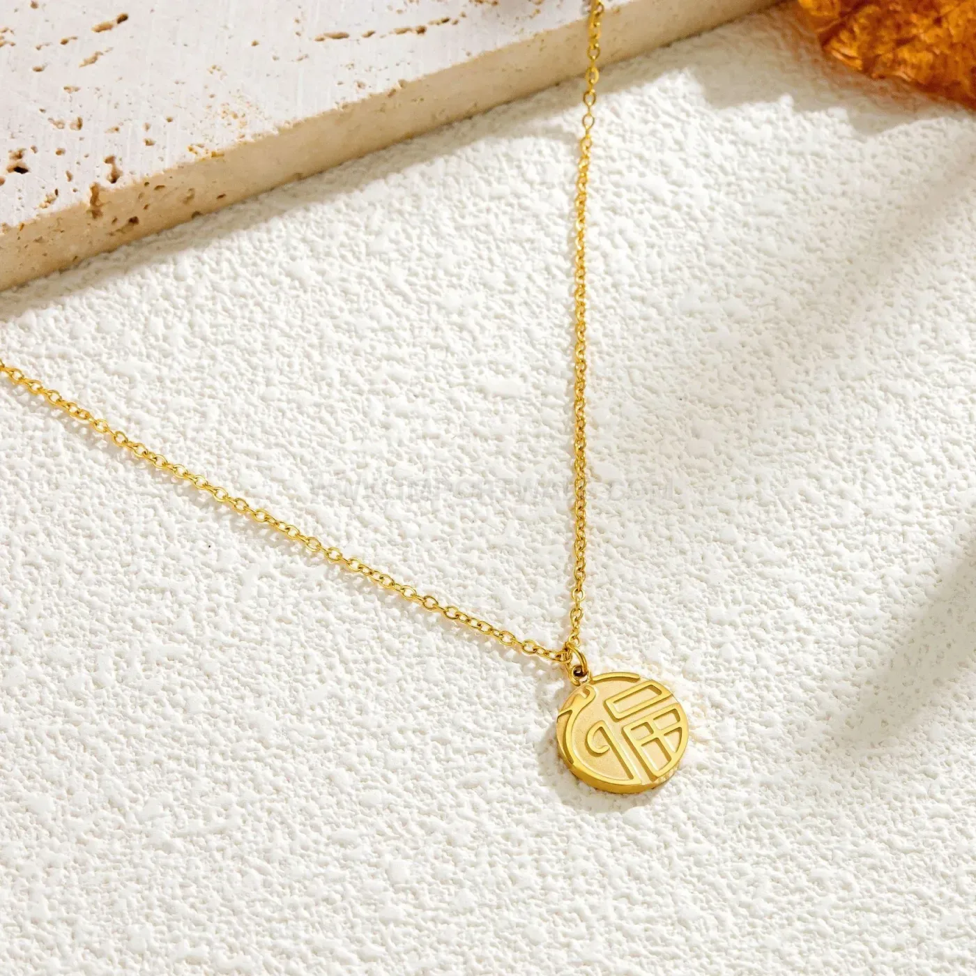 Gold Titanium Steel Dragon Blessing Tag Pendant Necklace