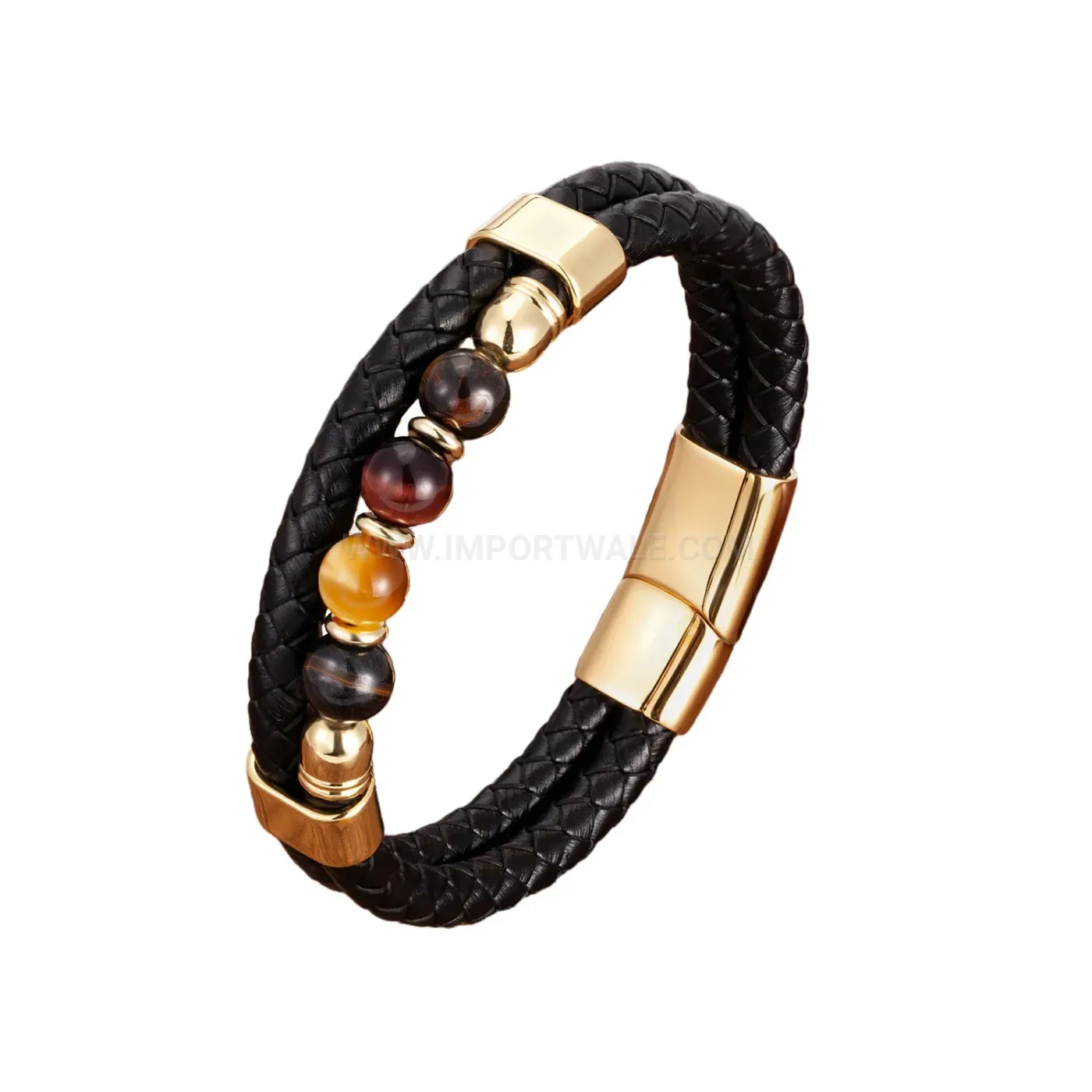 Double Strand Woven Leather and Stone Stainless Steel Bracelet