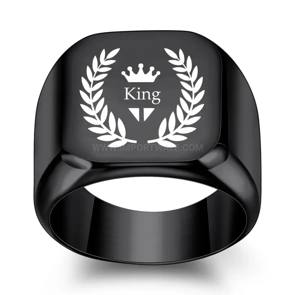 Elegant Engraved Leaf Crown Square Stainless Steel Signet Ring