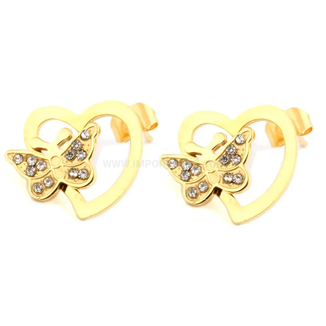 Elegant Gold Stainless Steel Cutout Heart Butterfly Rhinestone Stud Earrings