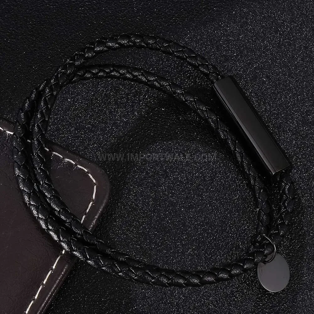 Double Strand Leather Stainless Steel Black Magnetic Wrap Bracelet
