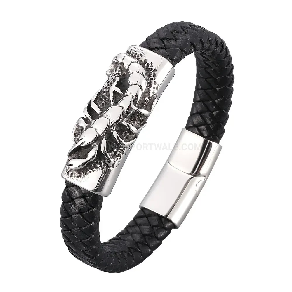 Black Leather Strap Bracelet with Stainless Steel Magnetic Scorpion Clasp