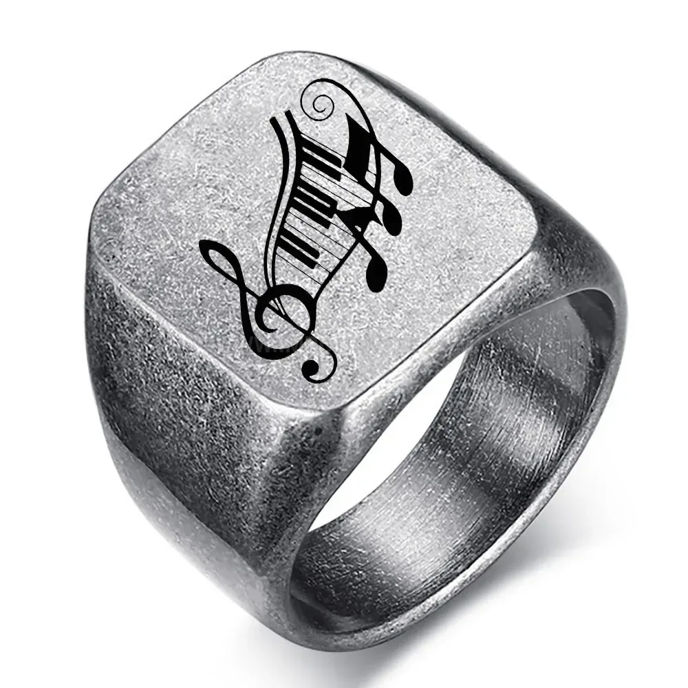 Elegant Engraved Musical Note Square Stainless Steel Signet Ring