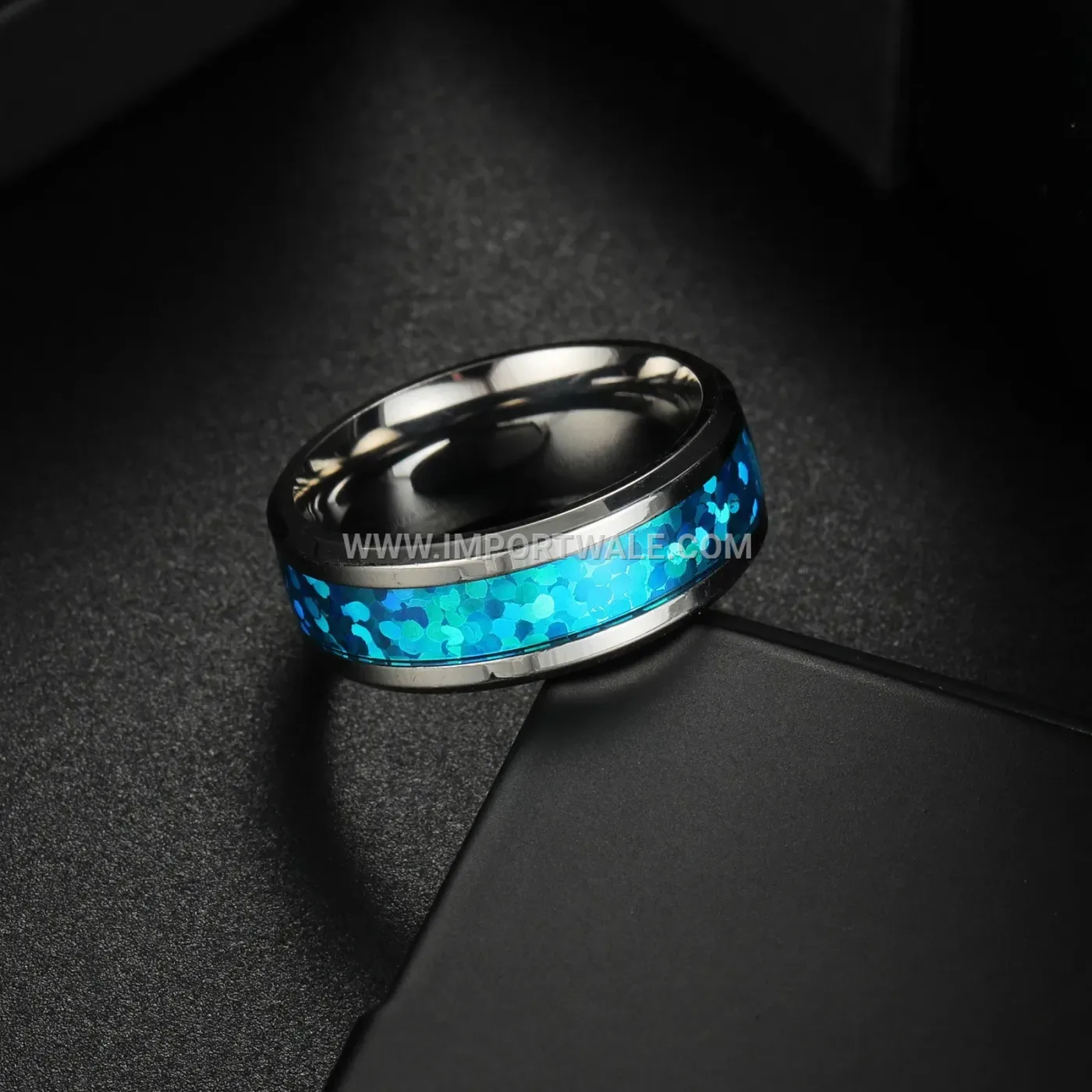 Inlaid Faux Opal Stainless Steel Couple Band Ring