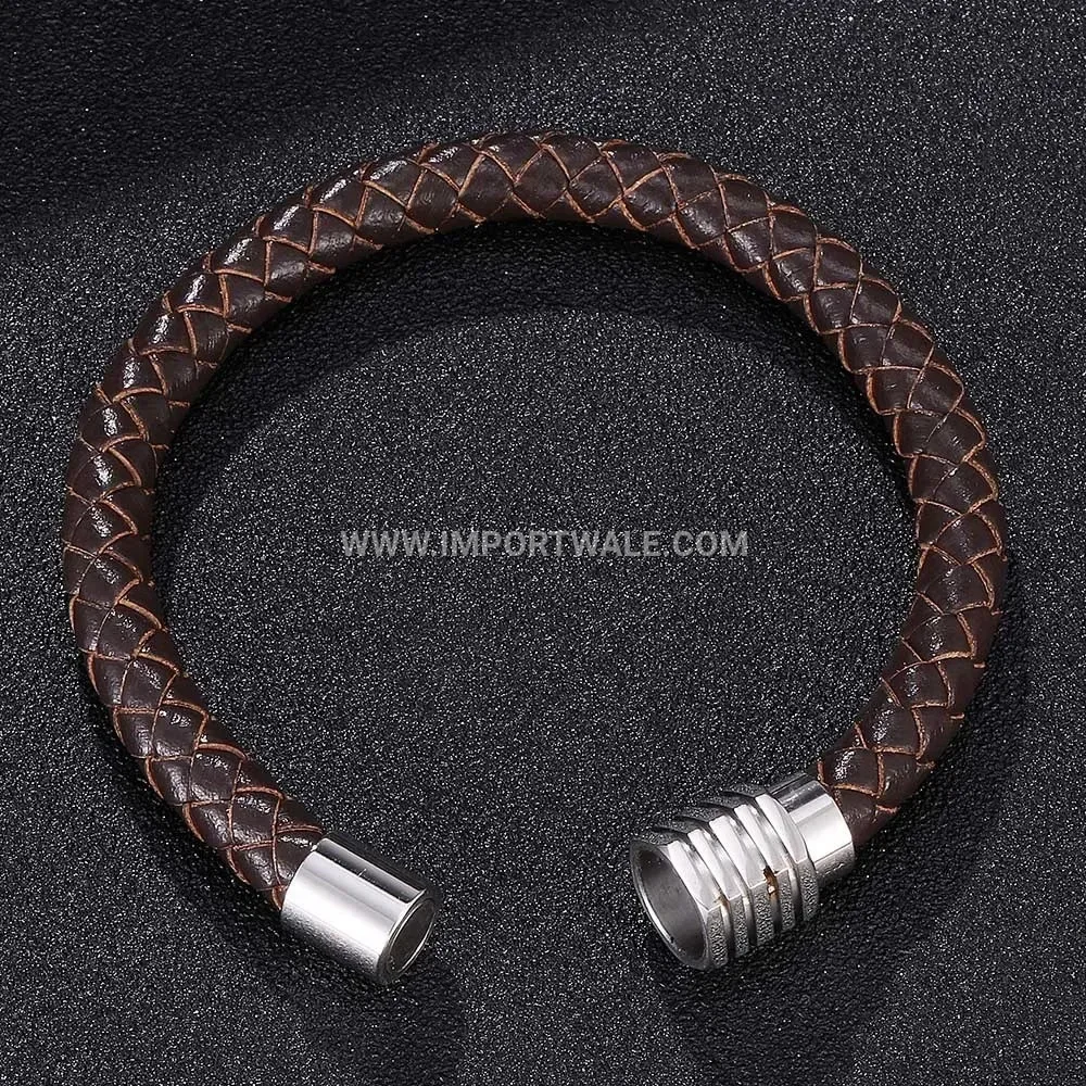 Men's Vintage Genuine Leather Stainless Steel Magnetic Clasp Wristband