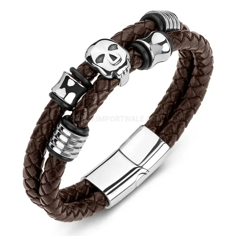Trendy Double Strand Leather Bangle Bracelet With Stainless Steel Ghost Motif