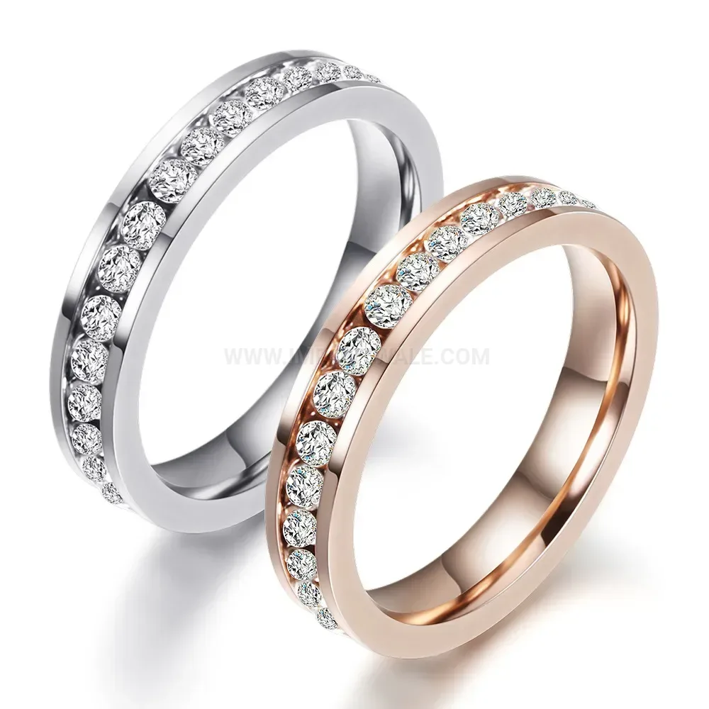 Single Row Rhinestone Stainless Steel Band Ring