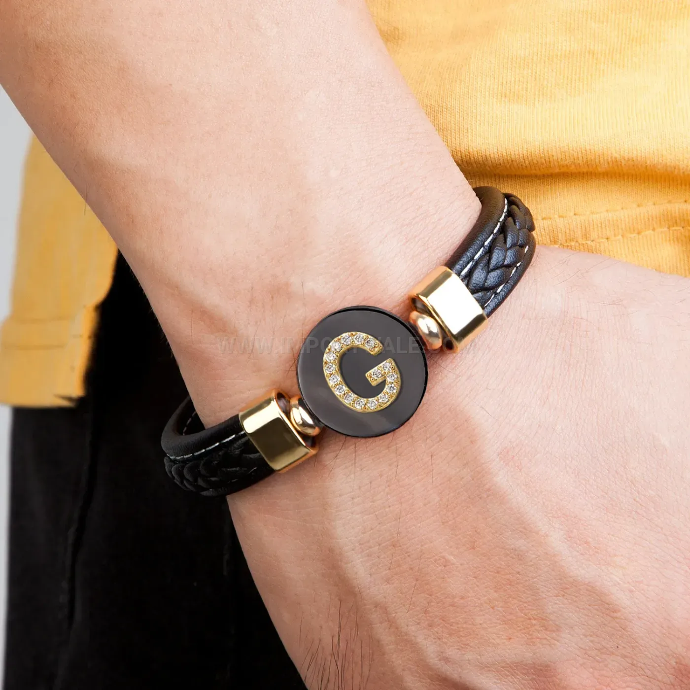 Handcrafted Leather Cord Stone Bracelet Featuring Monogram Stainless Steel Accents
