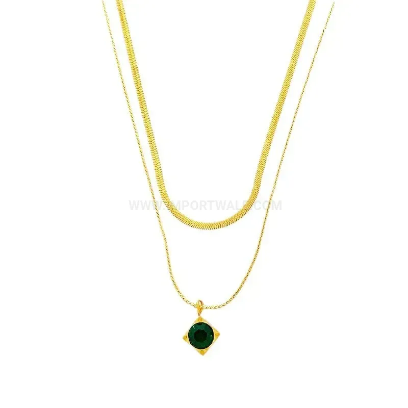 Double Layer Titanium Steel Chain Necklace with Green Square Crystal Pendant