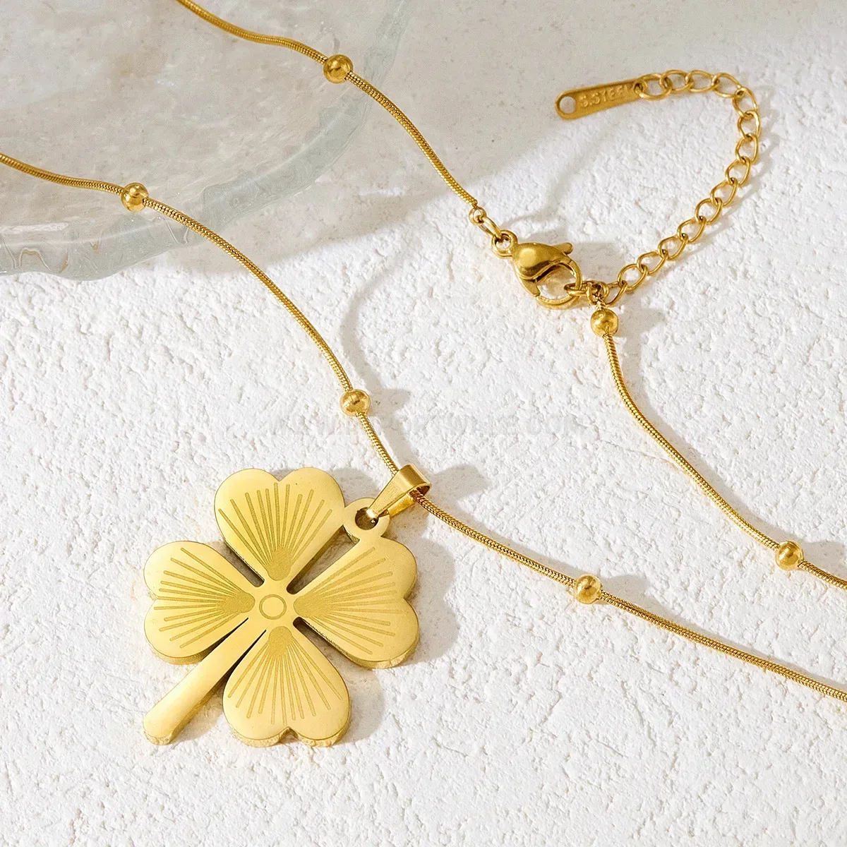 Gold Stainless Steel Four-Leaf Clover Bead Chain Necklace