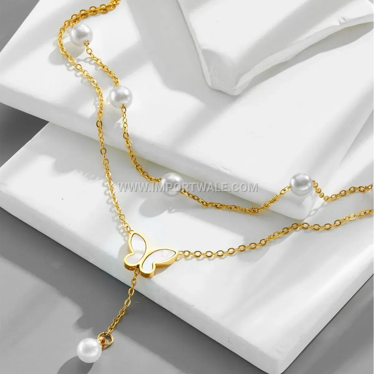 Layered Pearl Butterfly Tassel Titanium Steel Anklet