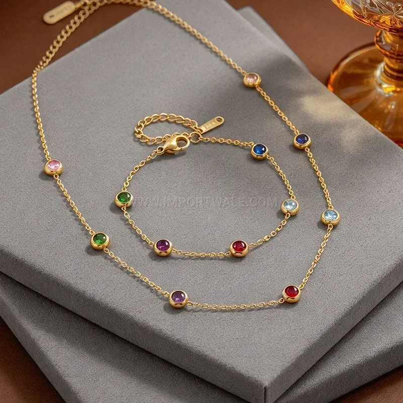 Colorful Zircon Round Bead Titanium Steel Jewelry Set
