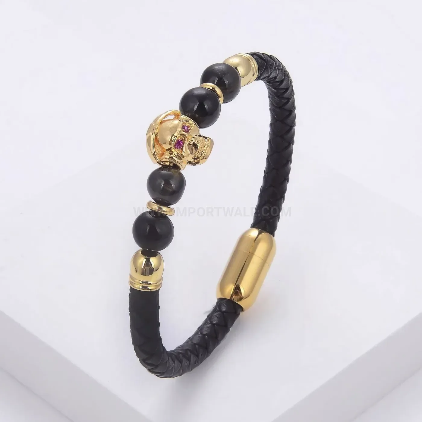 Punk Skull Stainless Steel Clasp Braided Leather Stone Bracelet