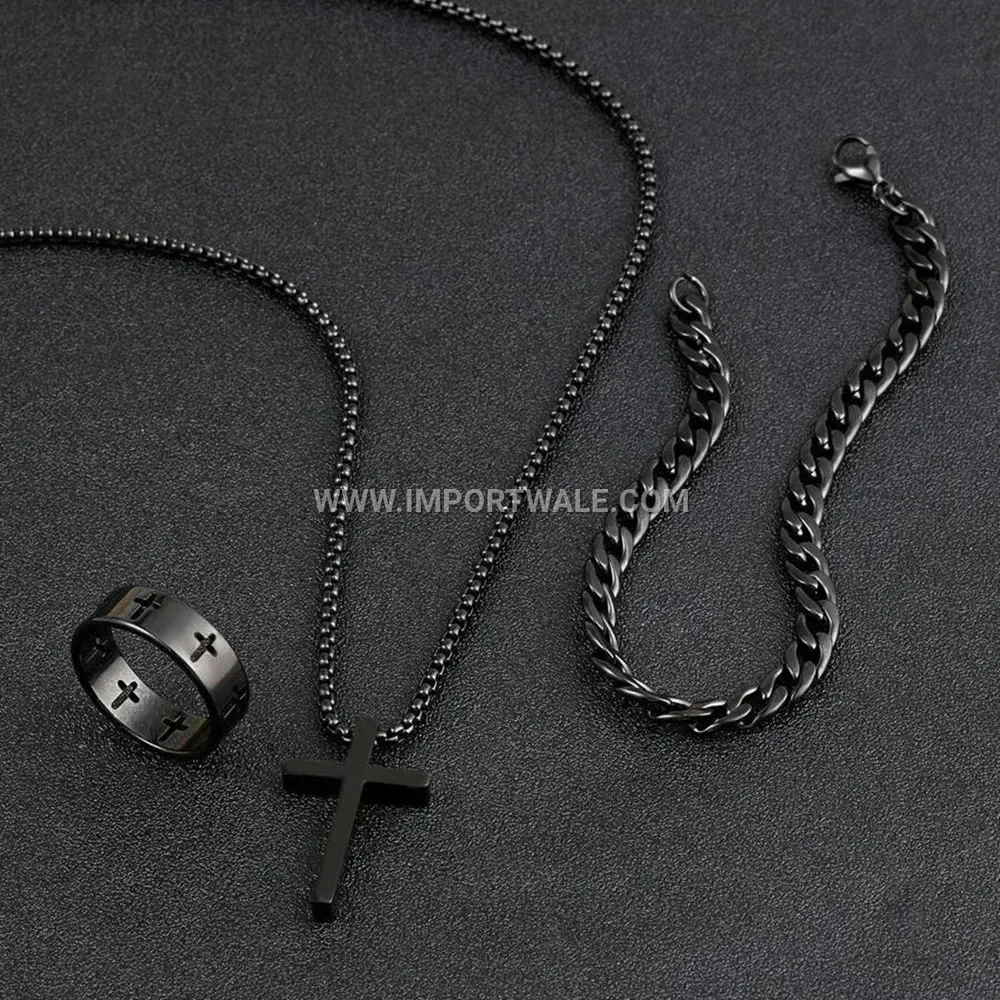 Trendy Stainless Steel Cross Motif Three Piece Jewelry Set