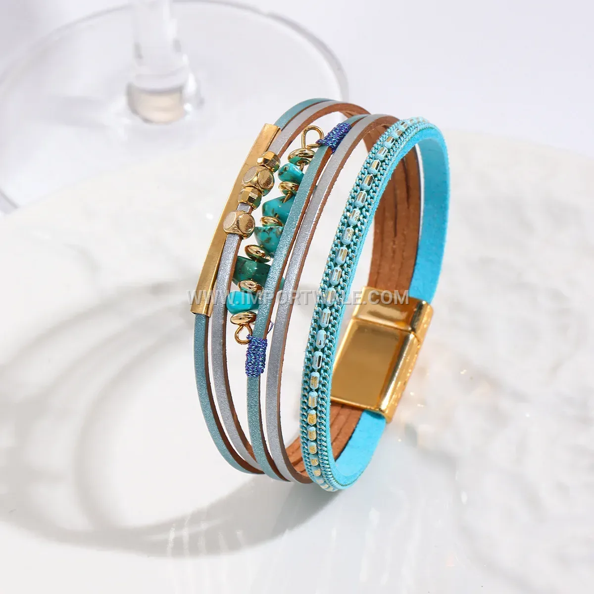 Boho Faux Leather Bracelet with Crushed Stone Accents