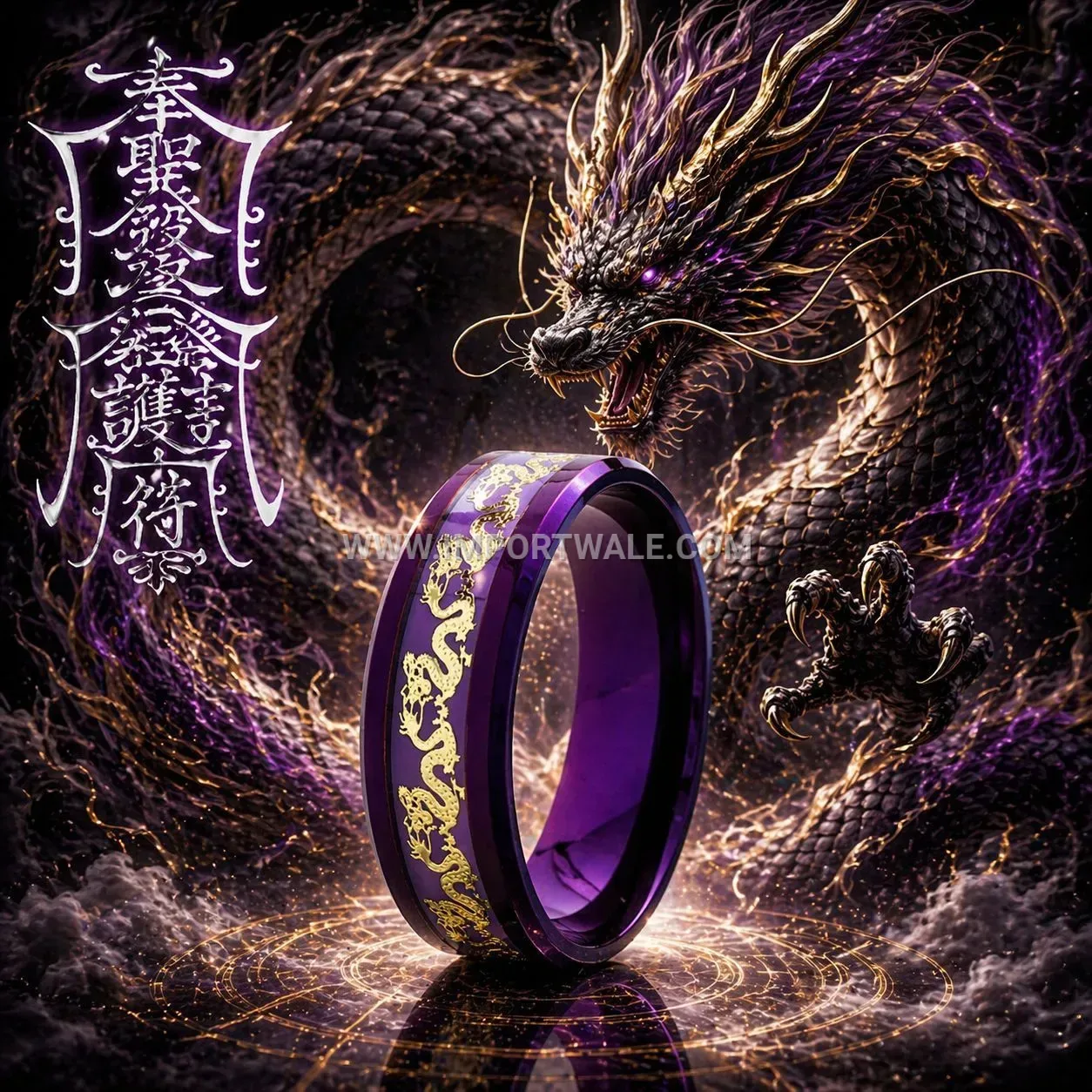 Stainless Steel Dragon and Phoenix Engraved Vacuum Plated Band Ring