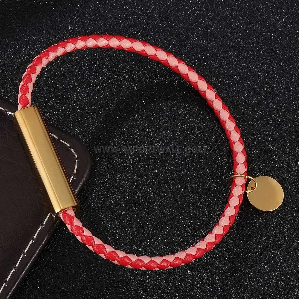 Gold-Plated Magnetic Clasp Braided Leather Tag Bracelet