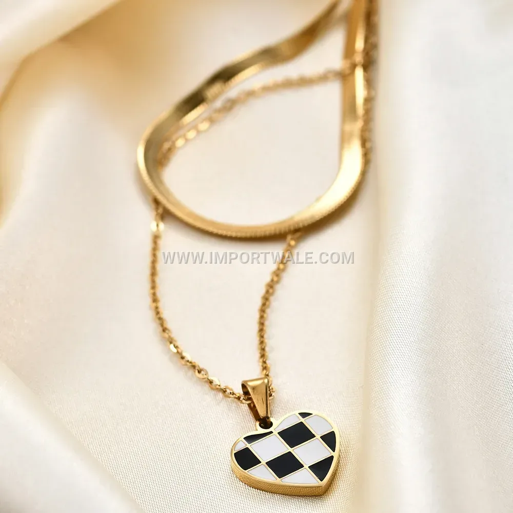 Checkerboard Enamel Heart Pendant Blade Chain Stainless Steel Necklace