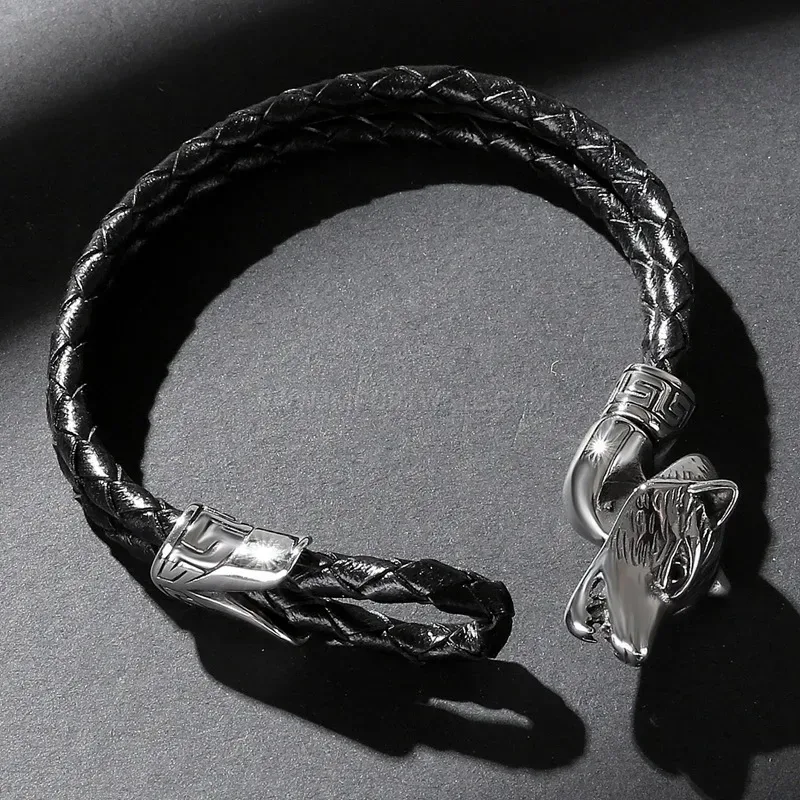 Stylish Punk Style Stainless Steel Wolf Head Men Leather Bracelet