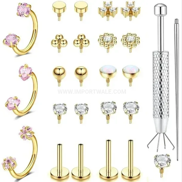 Premium Stainless Steel Internally Threaded Labret Piercing Ring Set