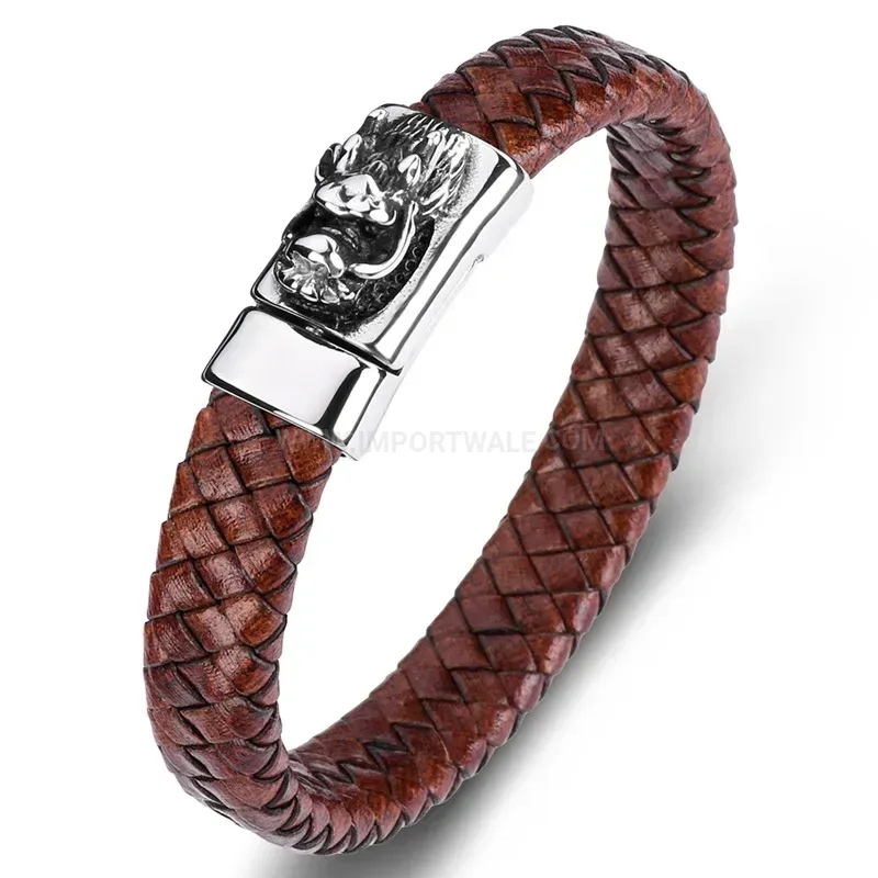 Bold Dragon Head Stainless Steel and Genuine Leather Men's Bracelet