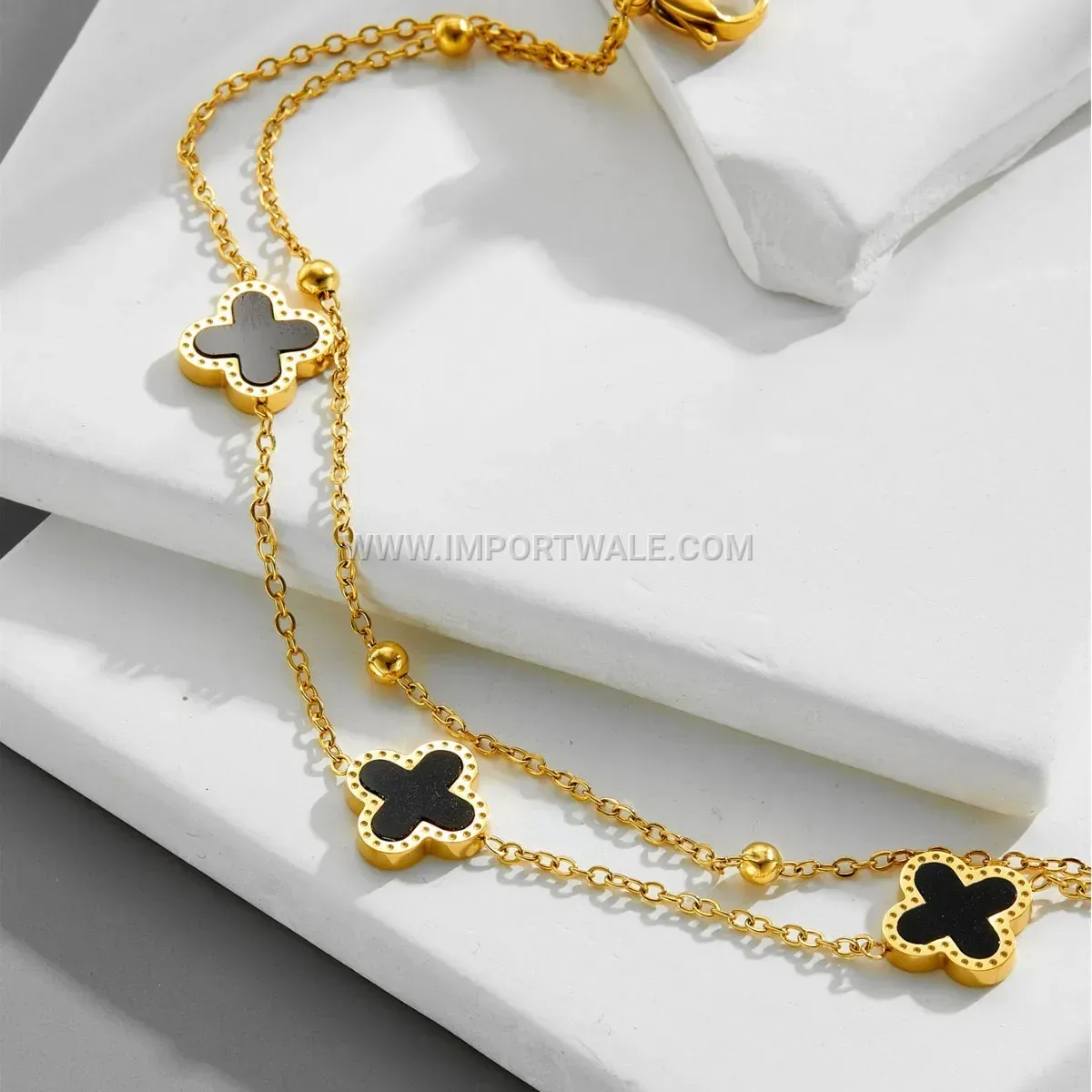 Double Layer Four Leaf Clover Gold Toned Premium Anklet Anti Tarnish