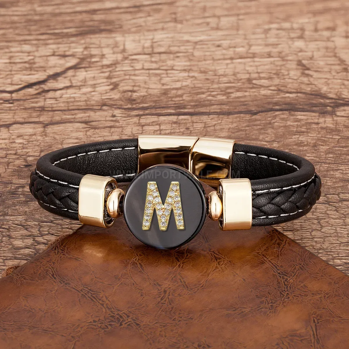 Handcrafted Leather Cord Stone Bracelet Featuring Monogram Stainless Steel Accents