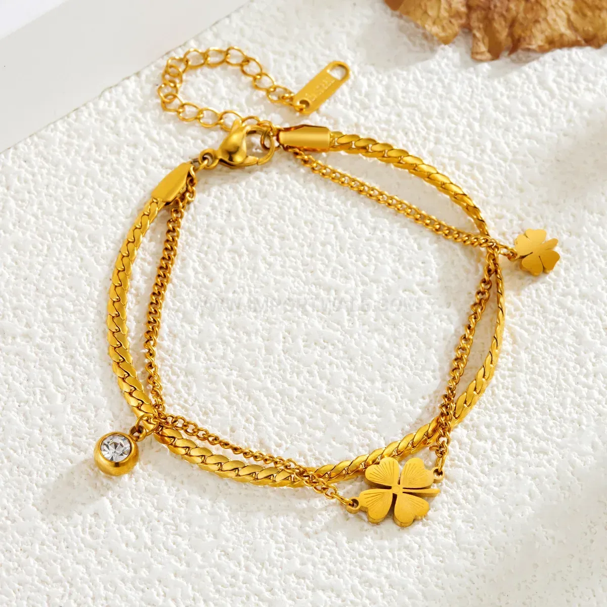 Double Layer Stainless Steel Four Leaf Clover Bracelet