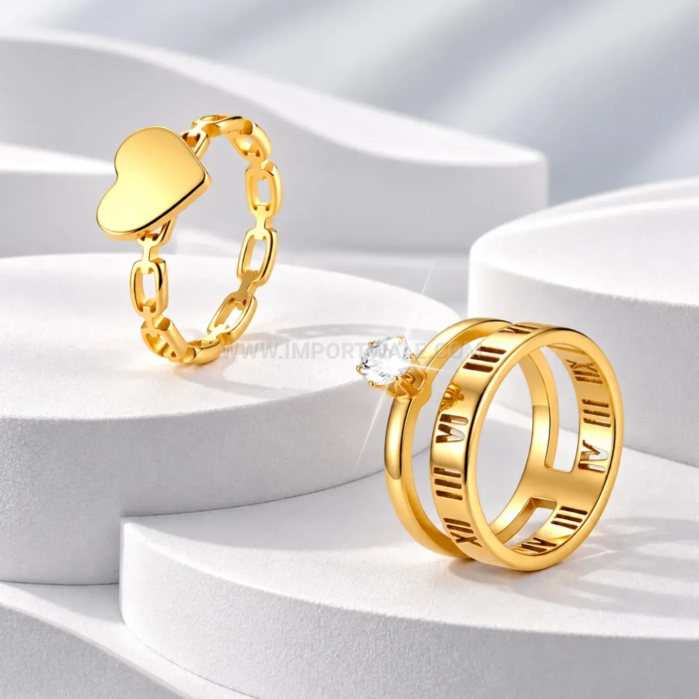 Roman Numeral Cutout Gold Plated Stainless Steel Ring Set