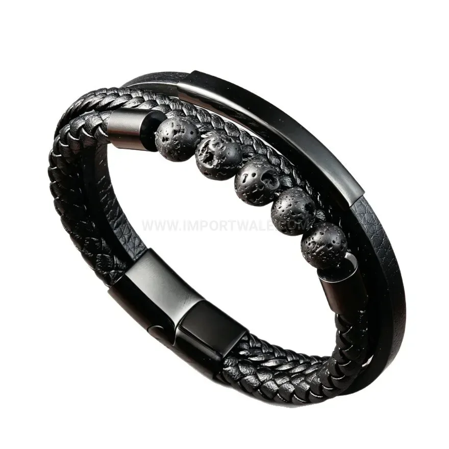 Chic Multi Layer Leather Natural Stone Bead Bracelet With Stainless Steel Accent