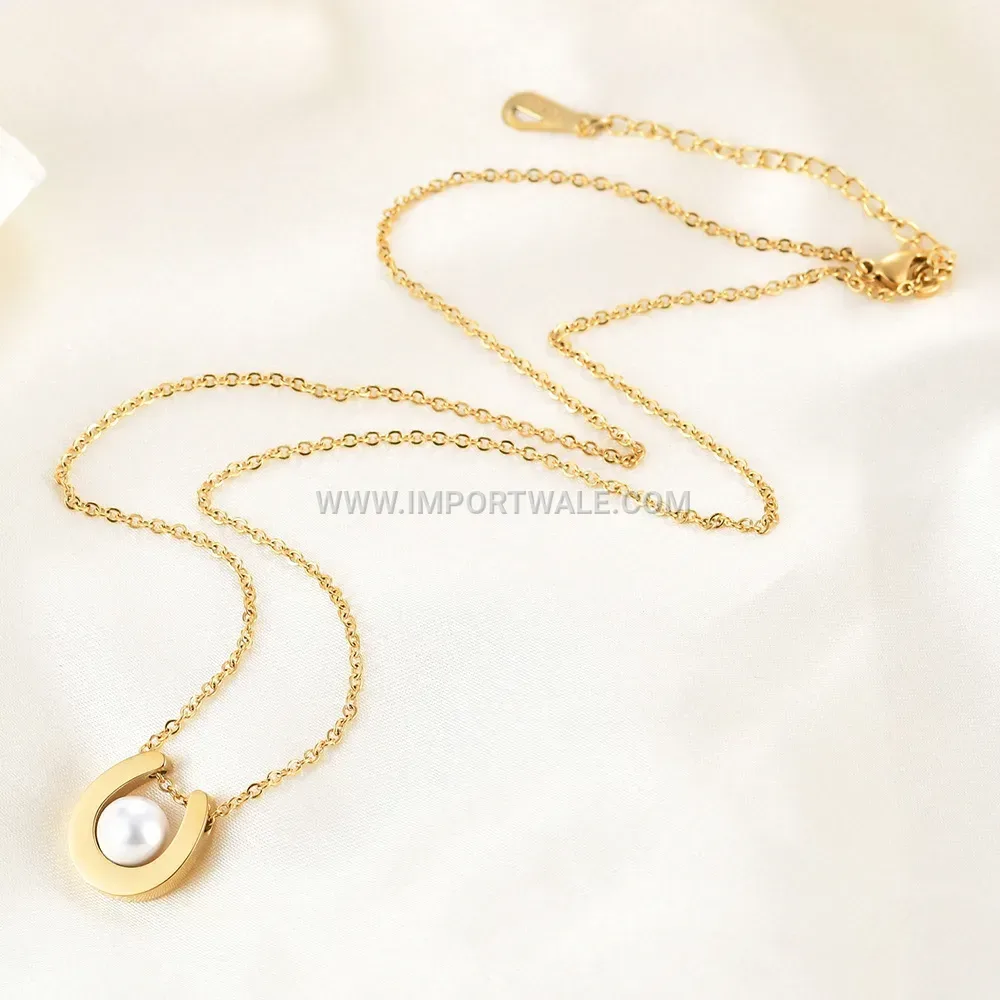 Horseshoe Horseshoe Pearl Accent Stainless Steel Pendant Necklace