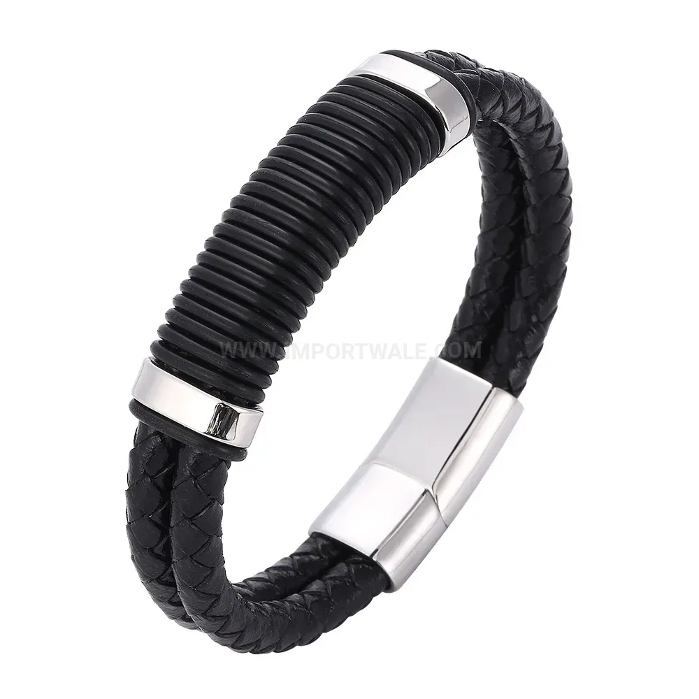 Dual Strand Braided Leather Bracelet with Stainless Steel Magnetic Lock