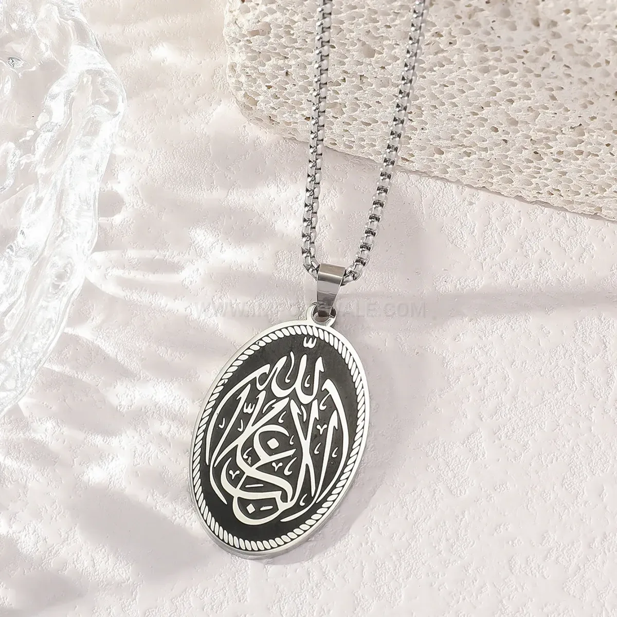 Premium Oval Calligraphy Stainless Steel Charm Pendant Link Chain Necklace