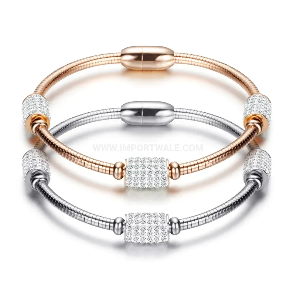 Premium Pave Crystal Round Charm Magnetic Stainless Steel Bangle