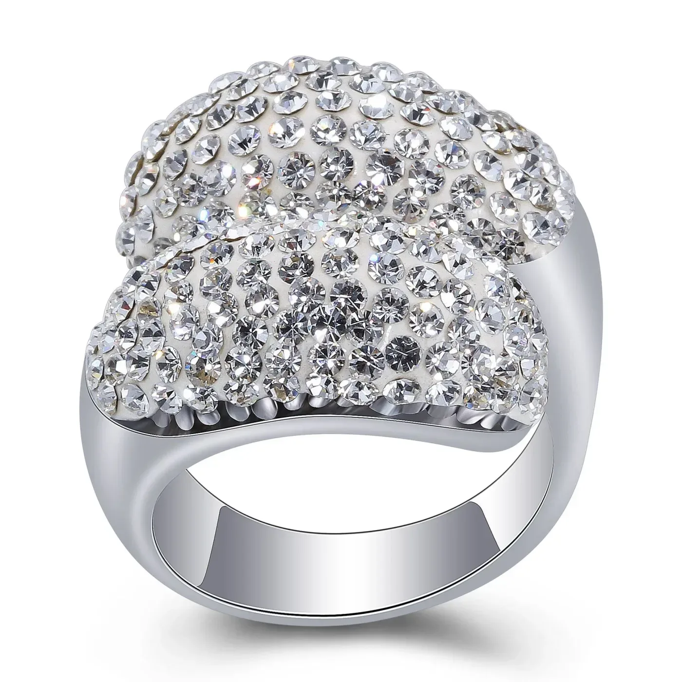 Wide Crystal Encrusted Stainless Steel Statement Band Ring