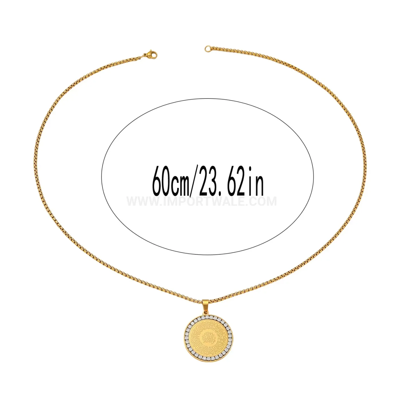 Elegant Zircon Stainless Steel Gold Plated Islamic Script Pendant Necklace