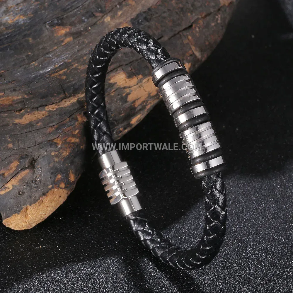 Minimalist Woven Leather and Stainless Steel Beaded Wristband