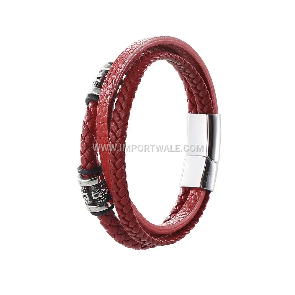 Layered Braided Leather Rope Bracelet with Stainless Steel Hardware