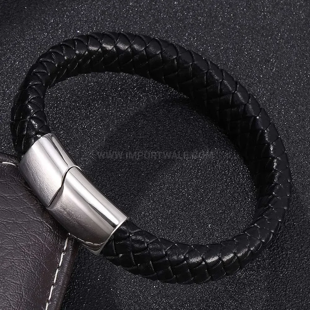 Braided Leather Stainless Steel Magnetic Clasp Bracelet