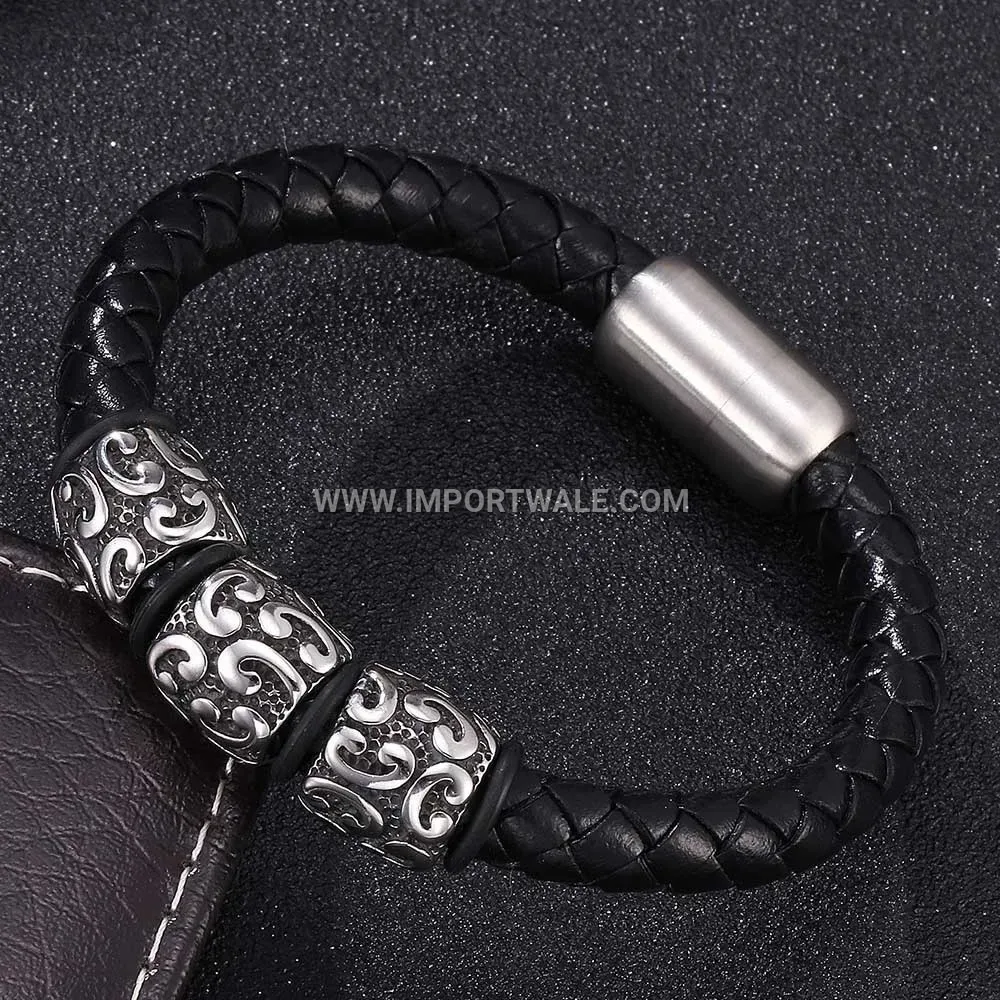 Vintage Engraved Stainless Steel Magnetic Leather Cuff Bracelet