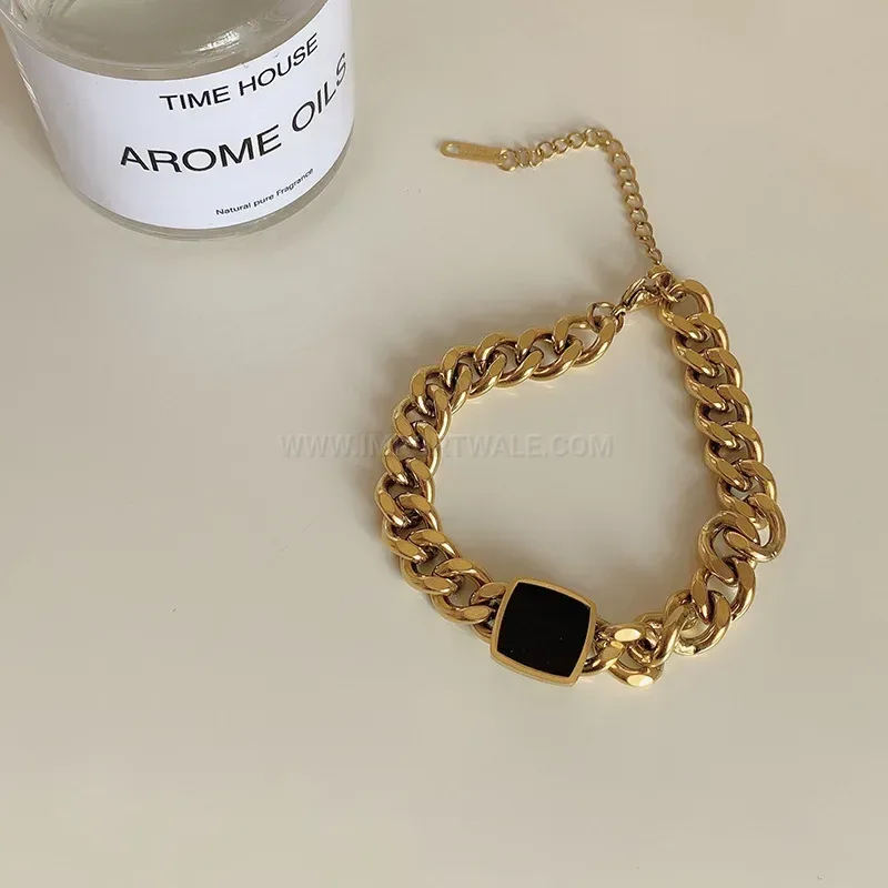 Chic Chunky Titanium Steel Cuban Chain Black Square Pendant Necklace