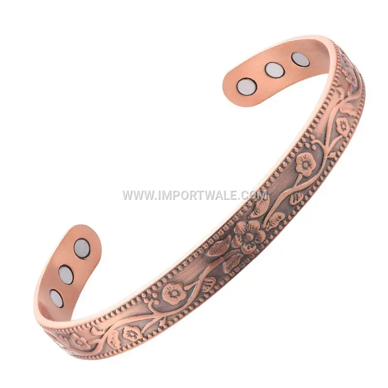 Engraved Plum Blossom Vintage Pure Red Copper Magnetic Cuff