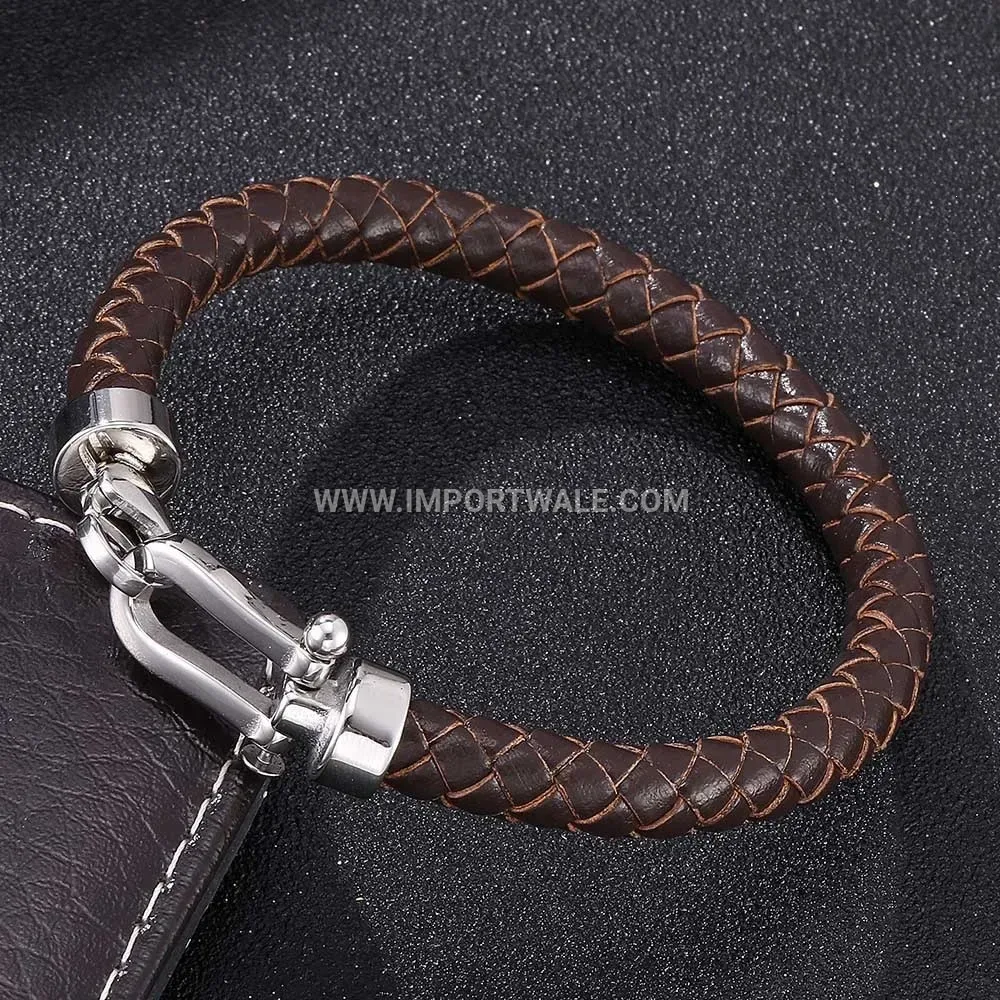Braided Leather Stainless Steel Horseshoe Buckle Bracelet for Men