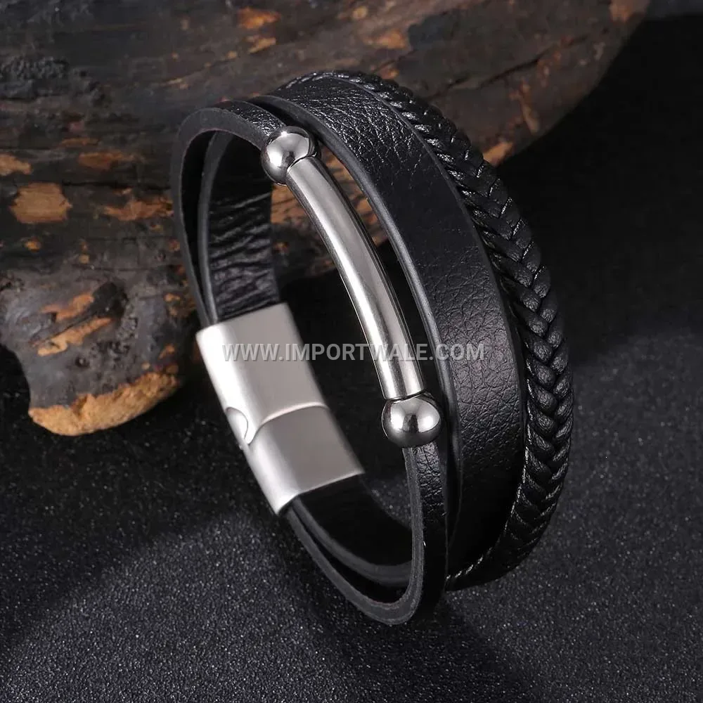 Woven Leather Bracelet with Brushed Steel Magnetic Clasp